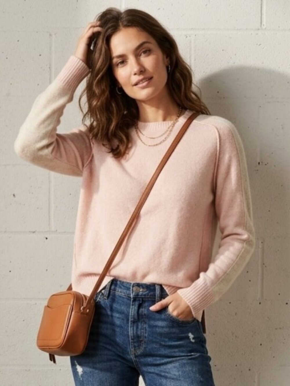 360 Cashmere Talulah Sweater Honey Pink Cream Colorblock Arm Stripe L